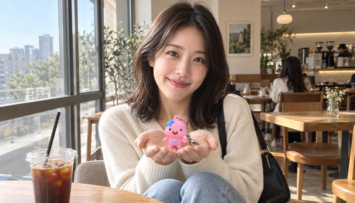 카페에서 분홍으로 바뀐 해로 색변환 키링을 두 손에 올린 모습