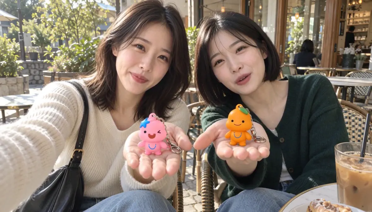 카페에서 분홍 해로와 주황 토로를 보여 주는 두 사람